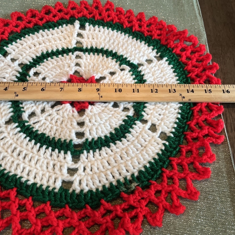 VTG Handmade Crochet Christmas Doily Flower Potholder Red Green White 16inch - Picture 2 of 4